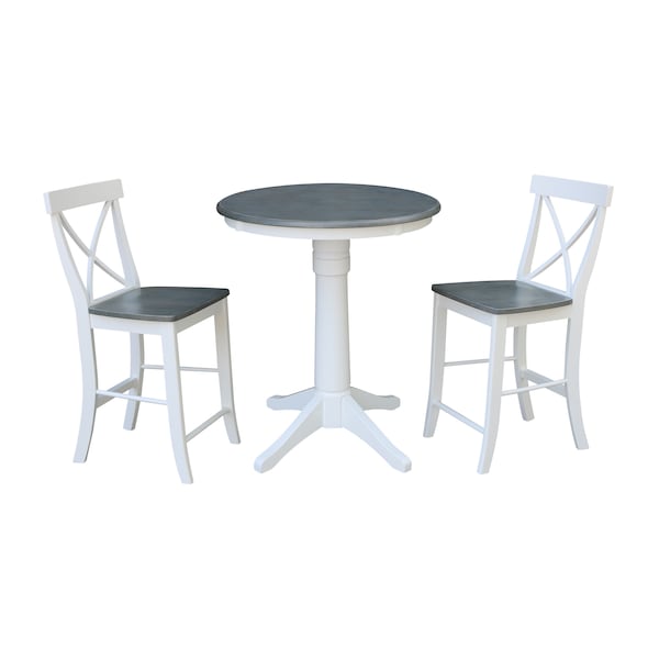 International Concepts Round 30 in Rd Ped Gathering Ht Table, 2 X-Back Stools, White/Heather Gray, 30 in W, 30 in L, Wood K05-30RT-27B-S6132-2 - main